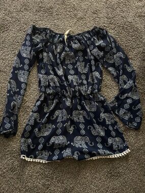 Off-Shoulder Navy Elephant Print Romper